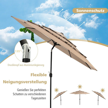 3-Tier Patio Umbrella, Double Vent, 306x306x252 cm, Brown