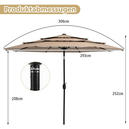 3-Tier Patio Umbrella, Double Vent, 306x306x252 cm, Brown