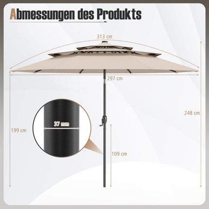 3-Tier Patio Umbrella, Solar LED, Crank Tilt, Beige