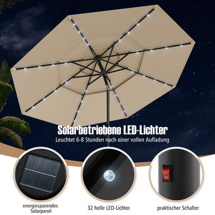3-Tier Patio Umbrella, Solar LED, Crank Tilt, Beige