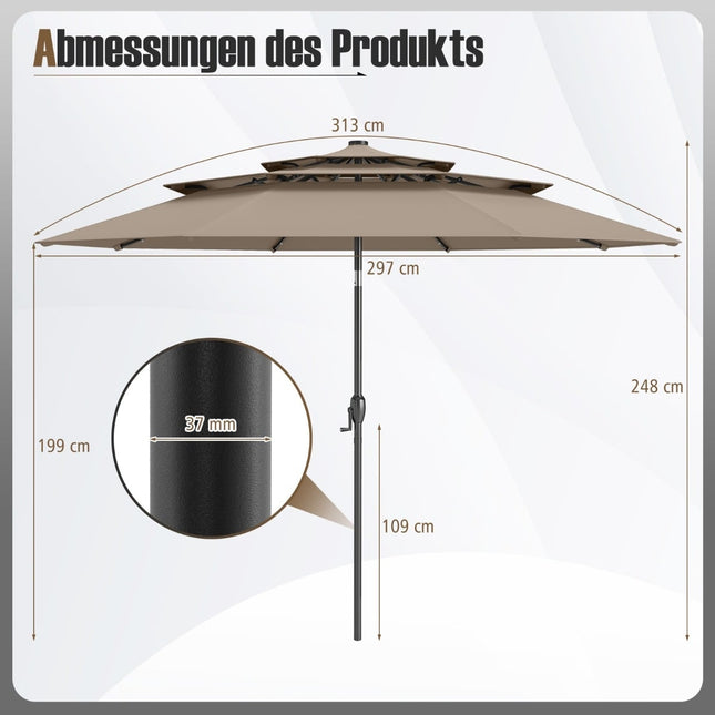 3-stufiger Terrassenschirm, Solar-LED, Kurbelneiger, Braun