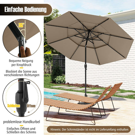 3-stufiger Terrassenschirm, Solar-LED, Kurbelneiger, Braun