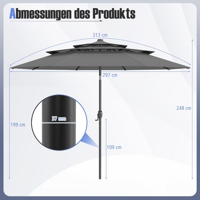 3-stufiger Terrassenschirm mit Solar-LED-Leuchten, Grau