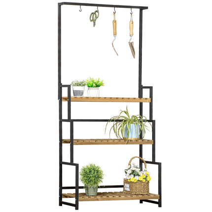 Dreistufiges Pflanzenregal aus Holz mit Haken - 80x36x174 cm