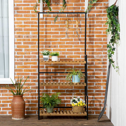 Dreistufiges Pflanzenregal aus Holz mit Haken - 80x36x174 cm