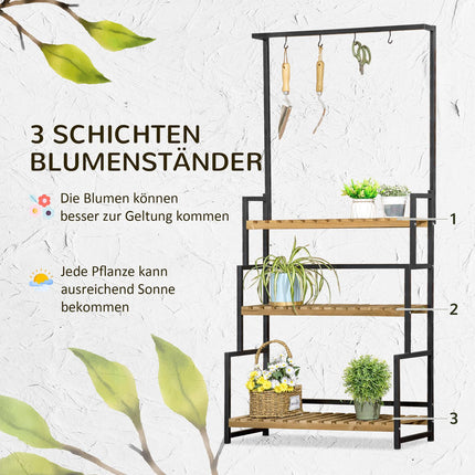 Dreistufiges Pflanzenregal aus Holz mit Haken - 80x36x174 cm
