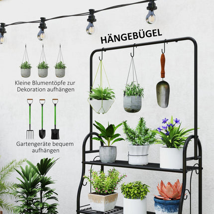 Support à plantes à 3 niveaux avec tige de suspension, crochets, support de fleurs d'intérieur, étagère à plantes en métal, étagère à fleurs à plusieurs niveaux, escalier à fleurs de 137 cm de haut pour salon, balcon de jardin, Aosom noir