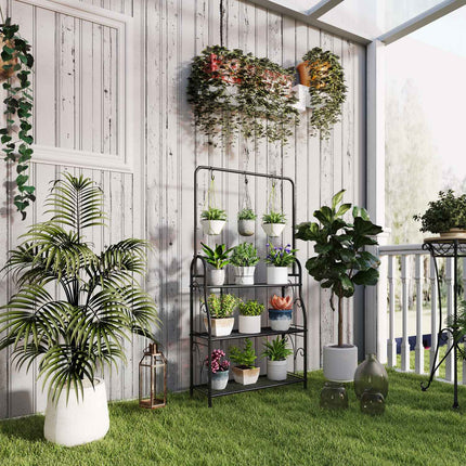 Support à plantes à 3 niveaux avec tige de suspension, crochets, support de fleurs d'intérieur, étagère à plantes en métal, étagère à fleurs à plusieurs niveaux, escalier à fleurs de 137 cm de haut pour salon, balcon de jardin, Aosom noir