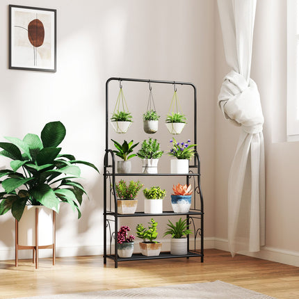 Support à plantes à 3 niveaux avec tige de suspension, crochets, support de fleurs d'intérieur, étagère à plantes en métal, étagère à fleurs à plusieurs niveaux, escalier à fleurs de 137 cm de haut pour salon, balcon de jardin, Aosom noir
