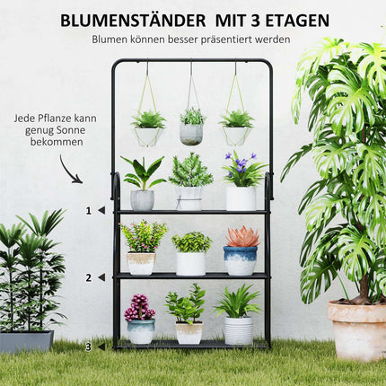 Support à plantes à 3 niveaux avec tige de suspension, crochets, support de fleurs d'intérieur, étagère à plantes en métal, étagère à fleurs à plusieurs niveaux, escalier à fleurs de 137 cm de haut pour salon, balcon de jardin, Aosom noir