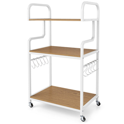 3-Tier Printer Stand with Wheels and Hooks, Natural Wood