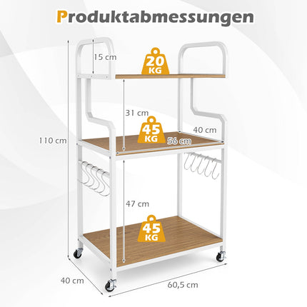 3-Tier Printer Stand with Wheels and Hooks, Natural Wood