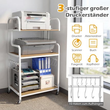 3-Tier Printer Stand with Wheels and Hooks, Natural Wood