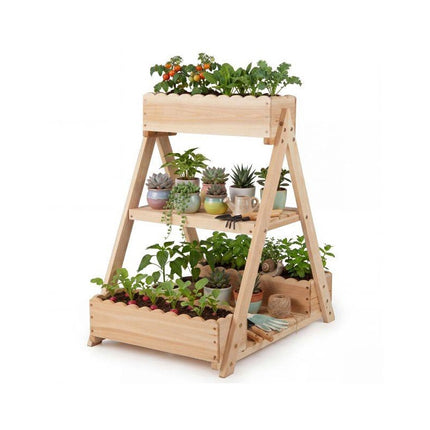 3-Tier Raised Garden Bed with 3 Planter Boxes and 2 Shelves, Fir Wood, Natural