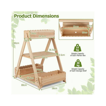 3-Tier Raised Garden Bed with 3 Planter Boxes and 2 Shelves, Fir Wood, Natural
