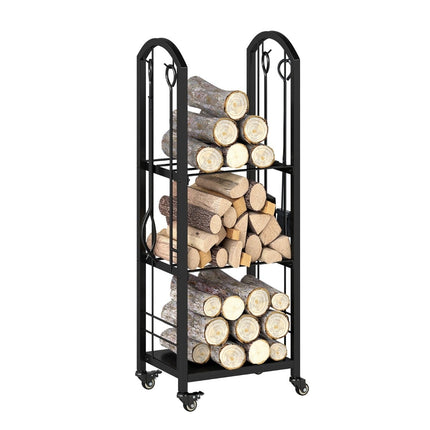3-Tier Rolling Firewood Rack with Tools, Indoor/Outdoor
