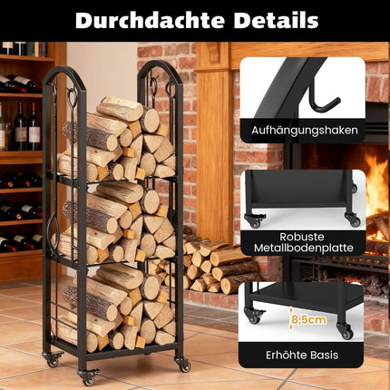 3-Tier Rolling Firewood Rack with Tools, Indoor/Outdoor