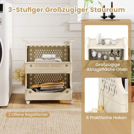 3-Tier Rolling Laundry Basket with Handles & Hooks