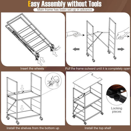3-Tier Rolling Serving Trolley, Metal-MDF, 60x40x89 cm