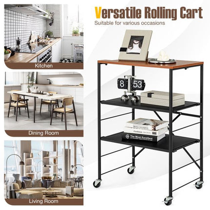 3-Tier Rolling Serving Trolley, Metal-MDF, 60x40x89 cm
