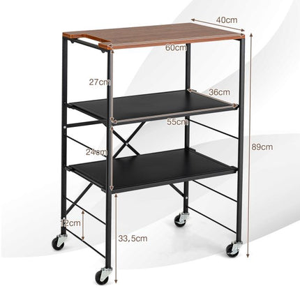 3-Tier Rolling Serving Trolley, Metal-MDF, 60x40x89 cm