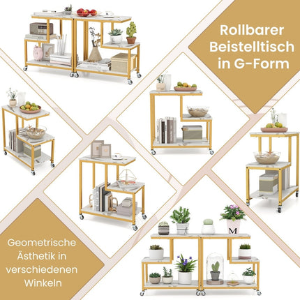 3-stöckiger Rollbeistelltisch – Marmoroptik, G-förmiges Design