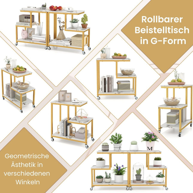 3patrový pojízdný odkládací stolek – vzhled mramoru, design ve tvaru G