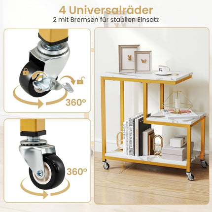 3-stöckiger Rollbeistelltisch – Marmoroptik, G-förmiges Design