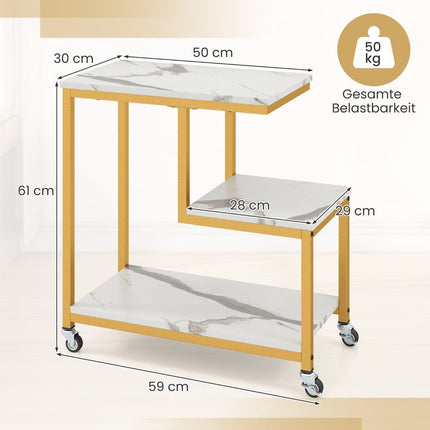 3-stöckiger Rollbeistelltisch – Marmoroptik, G-förmiges Design