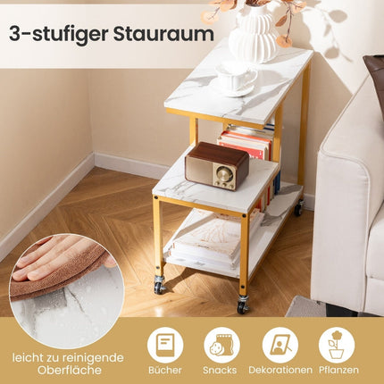 3-stöckiger Rollbeistelltisch – Marmoroptik, G-förmiges Design