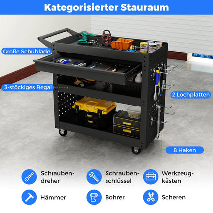 3-stöckiger Rollwerkzeugwagen mit Schublade, Lochwänden und Haken