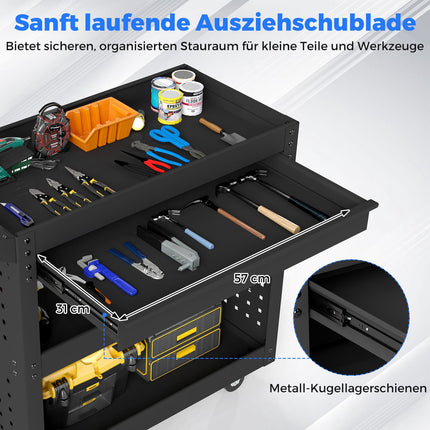 3-stöckiger Rollwerkzeugwagen mit Schublade, Lochwänden und Haken