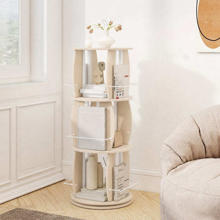 3-Tier Rotating Bookshelf Tower with Display Stands, Light Oak, 360° Swivel