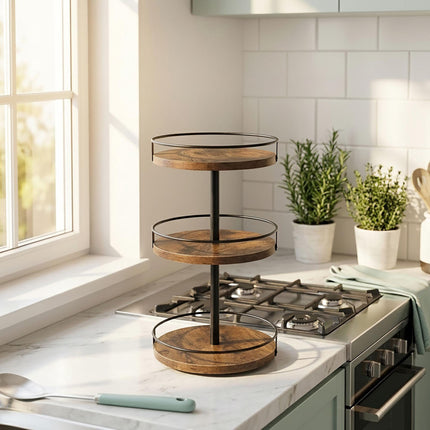 3-Tier Rotating Spice Rack, Brown – MDF & Iron