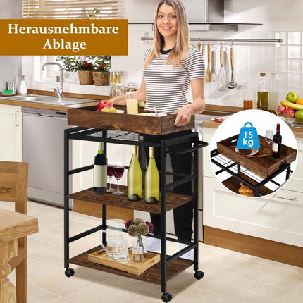 3 Tier Serving Trolley Kitchen Trolley with Handle & Removable Tray & Metal Frame Brown