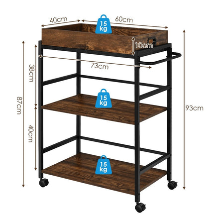 3 Tier Serving Trolley Kitchen Trolley with Handle & Removable Tray & Metal Frame Brown