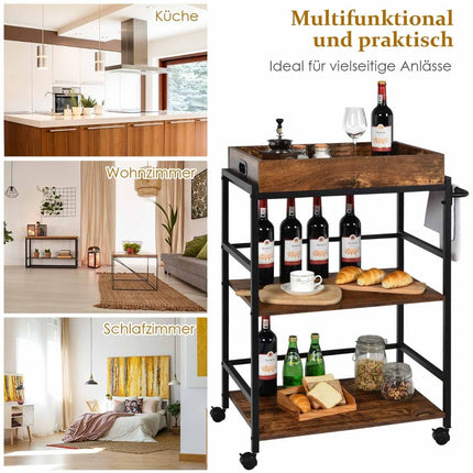 3 Tier Serving Trolley Kitchen Trolley with Handle & Removable Tray & Metal Frame Brown