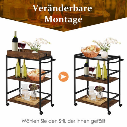 3 Tier Serving Trolley Kitchen Trolley with Handle & Removable Tray & Metal Frame Brown