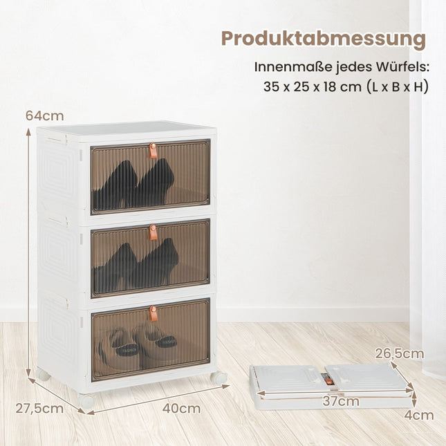 3-stöckige Schuhaufbewahrungsbox mit Magnetverschluss und Rollen