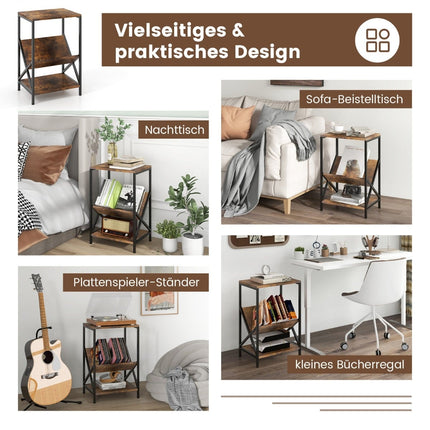 3-stöckiger Beistelltisch mit V-förmigem Zeitschriftenhalter, Braun
