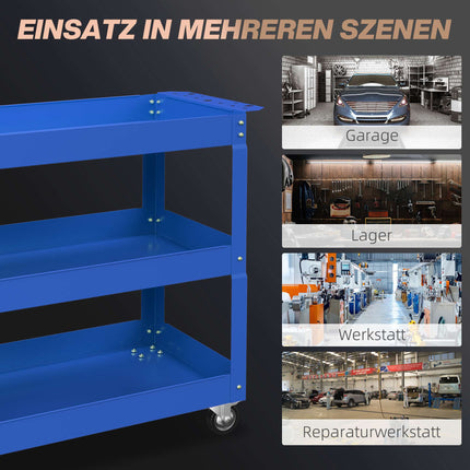 3-stöckiger Werkstattwagen aus Stahl, 4 Rollen, 83x35.3x76 cm, Blau