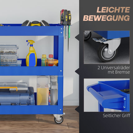 3-stöckiger Werkstattwagen aus Stahl, 4 Rollen, 83x35.3x76 cm, Blau