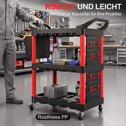 3-Tier Tool Cart with Pegboards, Hooks, Black/Red