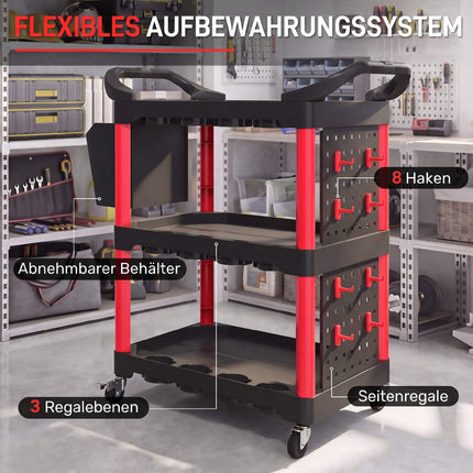 3-Tier Tool Cart with Pegboards, Hooks, Black/Red