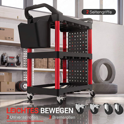 3-Tier Tool Cart with Pegboards, Hooks, Black/Red