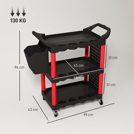 3-Tier Tool Cart with Pegboards, Hooks, Black/Red