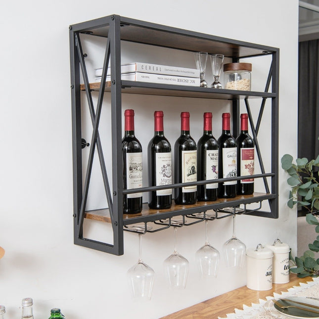 3patrový nástěnný kovový stojan na víno s držákem na sklenice, industriální design, rustikální hnědá