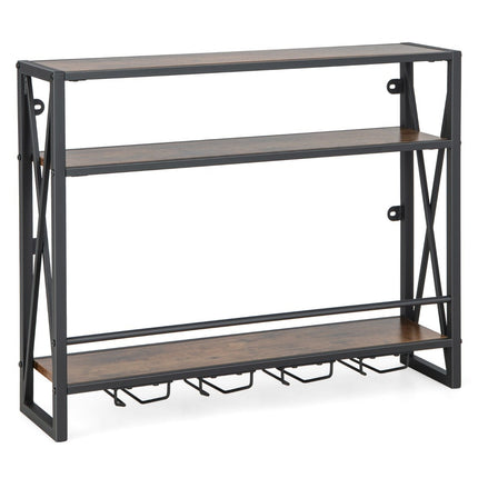 Weinregal aus Metall mit 3 Ebenen, Wandmontage, mit Glashalter, Industriedesign, rustikales Braun