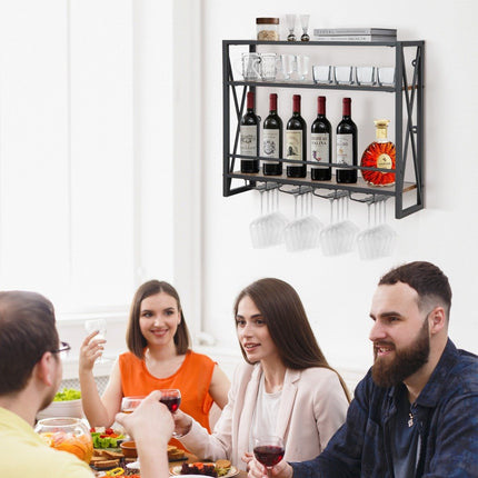 Weinregal aus Metall mit 3 Ebenen, Wandmontage, mit Glashalter, Industriedesign, rustikales Braun