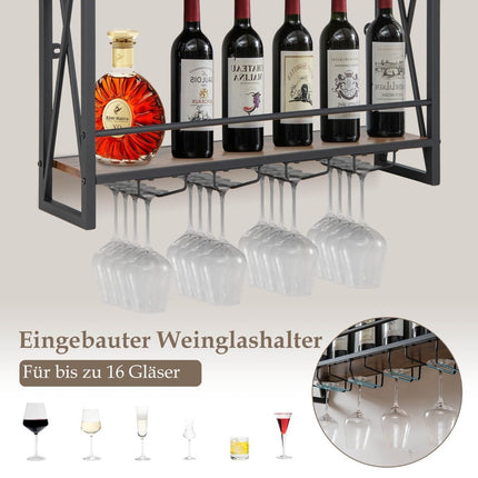 Weinregal aus Metall mit 3 Ebenen, Wandmontage, mit Glashalter, Industriedesign, rustikales Braun